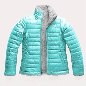 The North Face Mossbud Swirl teal/grey reversible girls puffer Jacket sz L 10/12